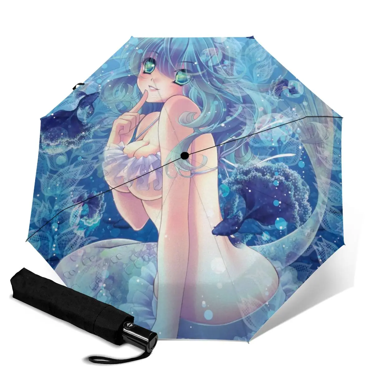 

Мужской и Женский автоматический зонт HUAZI, 2021, 8 ребер, с сильным ветром, 3 сложения, 3d-принт, фэнтезийная Русалка, классический уличный зонт