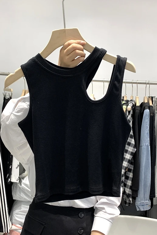

2021 Summer Women's Sexy Fashion Crop Top Slimming Screw Thread U-Neck Sling Vest All-matching Solid Color Sleeveless Tank