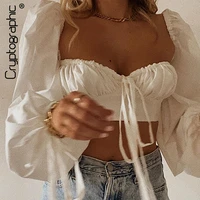 cryptographic white balloon sleeve elegant women top and blouse shirts autumn 2021 sexy backless crop tops solid fashion blusas
