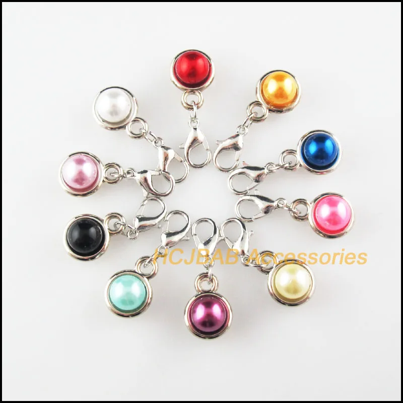 

20Pcs Dull Silver Plated Round Circle Frame Mixed Acrylic Charms Pendants With Lobster Claw Clasps 11x15mm