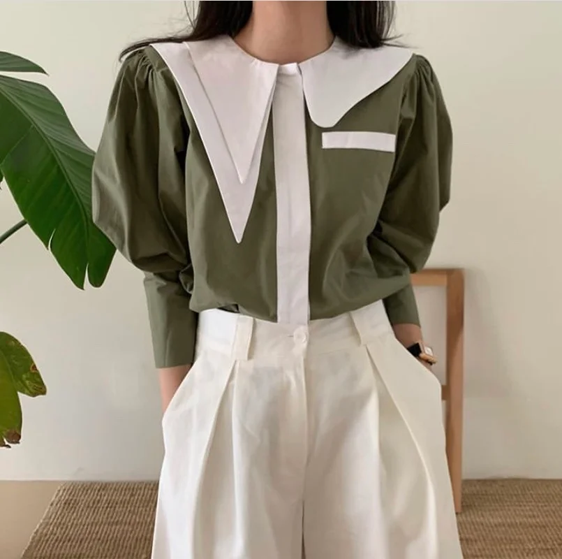 

Фонарь рукав элегантная рубашка длинная рубашка с длинными рукавами в винтажном стиле асимметричное платье с отложным воротником, женские ...