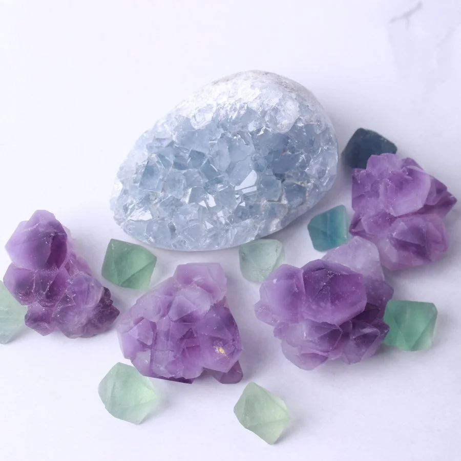 Набор микс натуральный кристалл синий Celestite &amp ametryst кластер Green fluorite Geode cluster