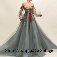 grey tulle sweetheart evening dress prom puff sleeves flowers formal dresses saudi arabric robe de soiree evening party gown
