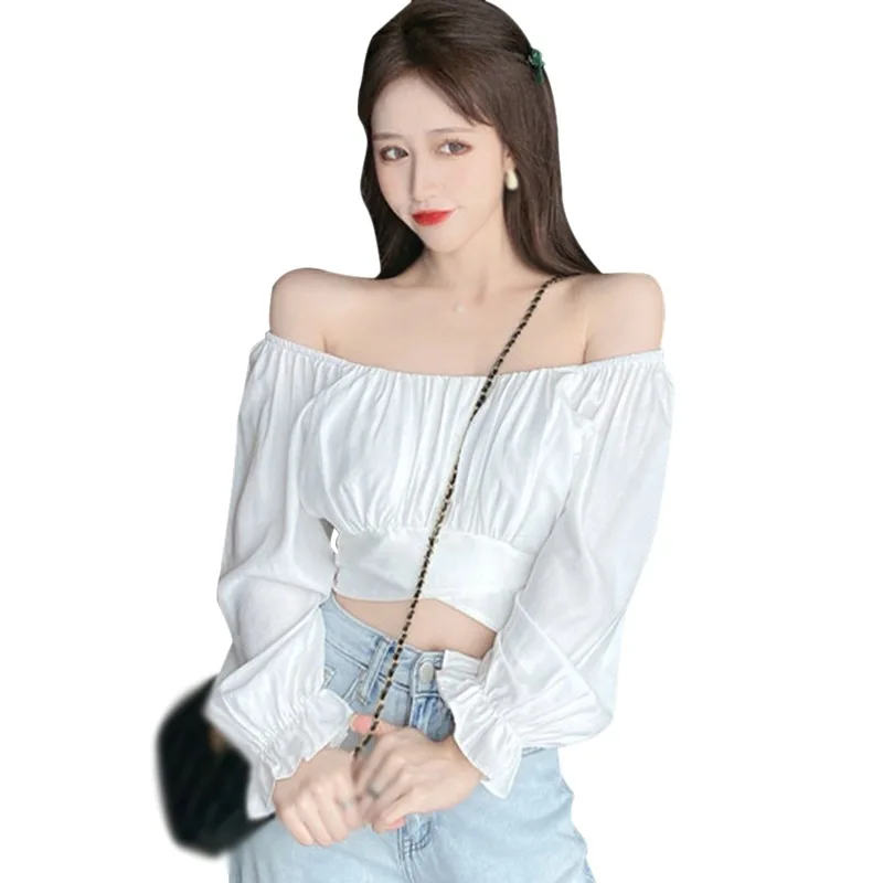 

Women Blouses Sexy Square Neck Bandage All-Match Navel Long Sleeve Shirt Autumn New One Size Camiseta Top Vetements Femmes