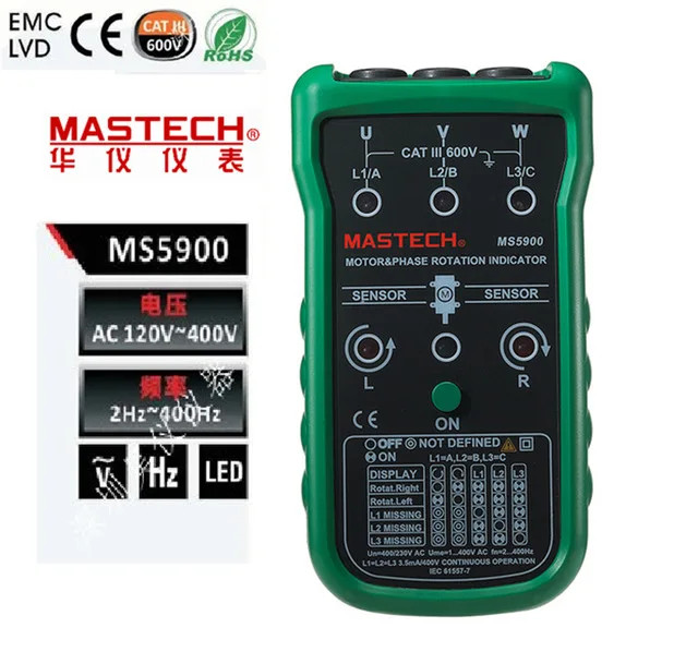 Mastech MS5900 ручной трехфазный Индикатор чередования двигатель и 3 фазы метр тестер 2~ 400 Гц, vs Fluke 9040