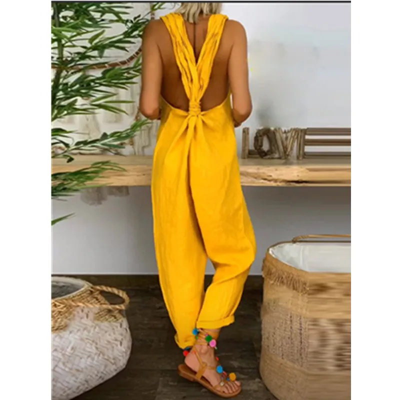 2021 Women Casual Solid Strappy Dungarees Vintage Cotton Linen Loose Rompers Party Long Harem Overalls Jumpsuits |