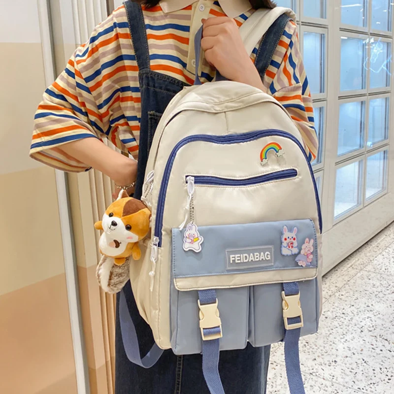 

EST 2021 Women bag Waterproof Nylon Large Capacity Kawaii Rabbit Badge Girls Teenager School Bag Cute Book College Mochilas Bags