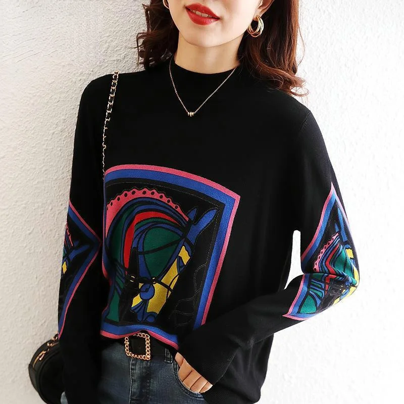 

Half High Collar Fashion Printed Bottoming Shirt Women's Long Sleeve 2021 Spring New Loose Size Pullover Sweater