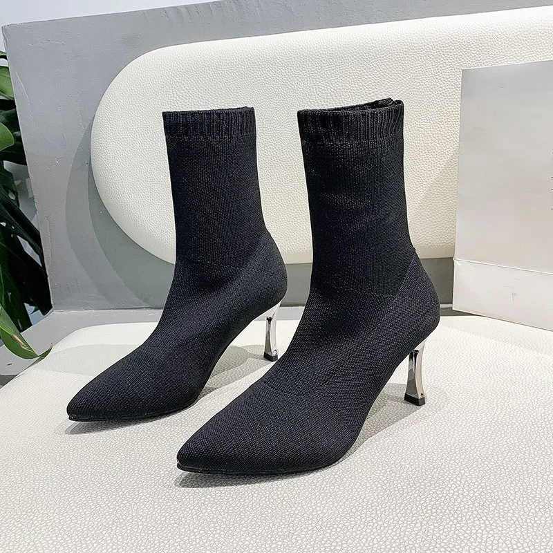 

2021 Autumn Stretch Fabric Knitted Women's Socks Boots Fashionable Pointed Toe Simple Dating Women's Shoes Stiletto High Heels