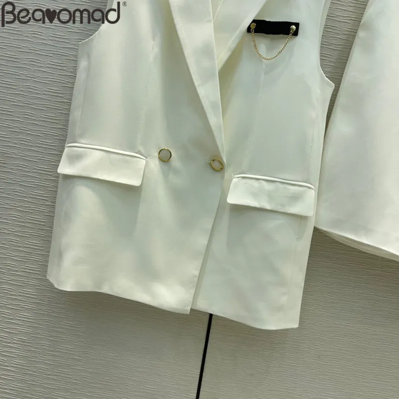 Bearomad 2021Fashion Woman White Shorts Suit Lapel Sleeveless Straight Type Long Style Coat + Solid Loose Half pants 2 Piece Set