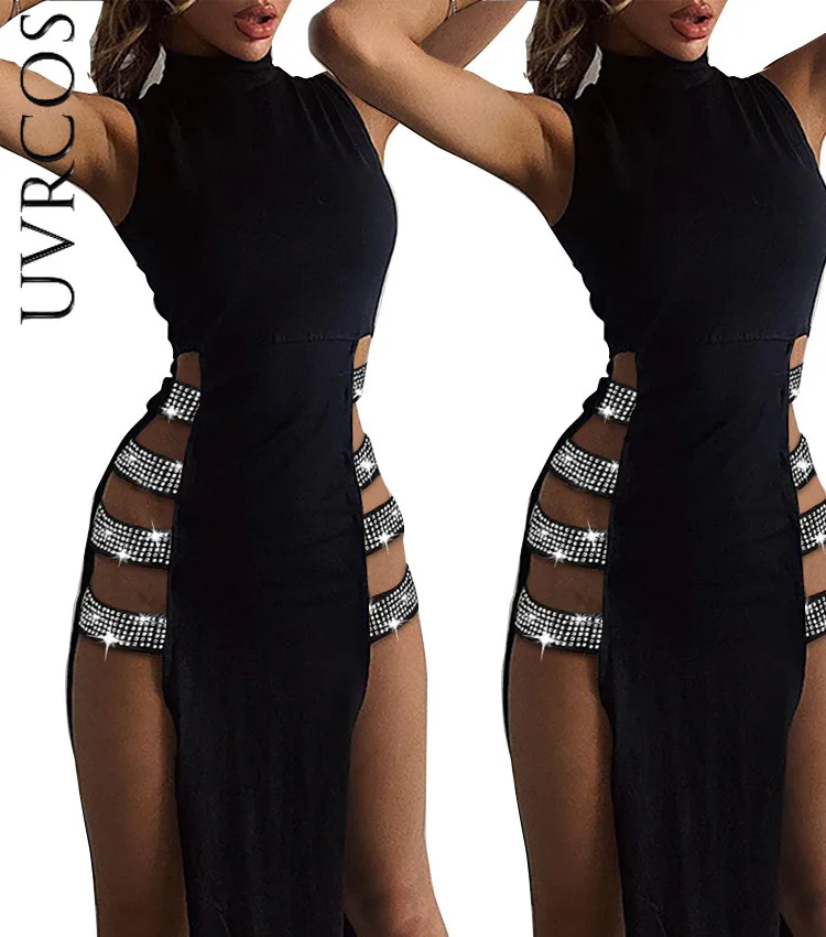

Women Sexy Dress Elegant Lady Soild Sleeveless Half High Neck Studded Rihnstone Bandage Side High Slit Cutout Night Club Dresses