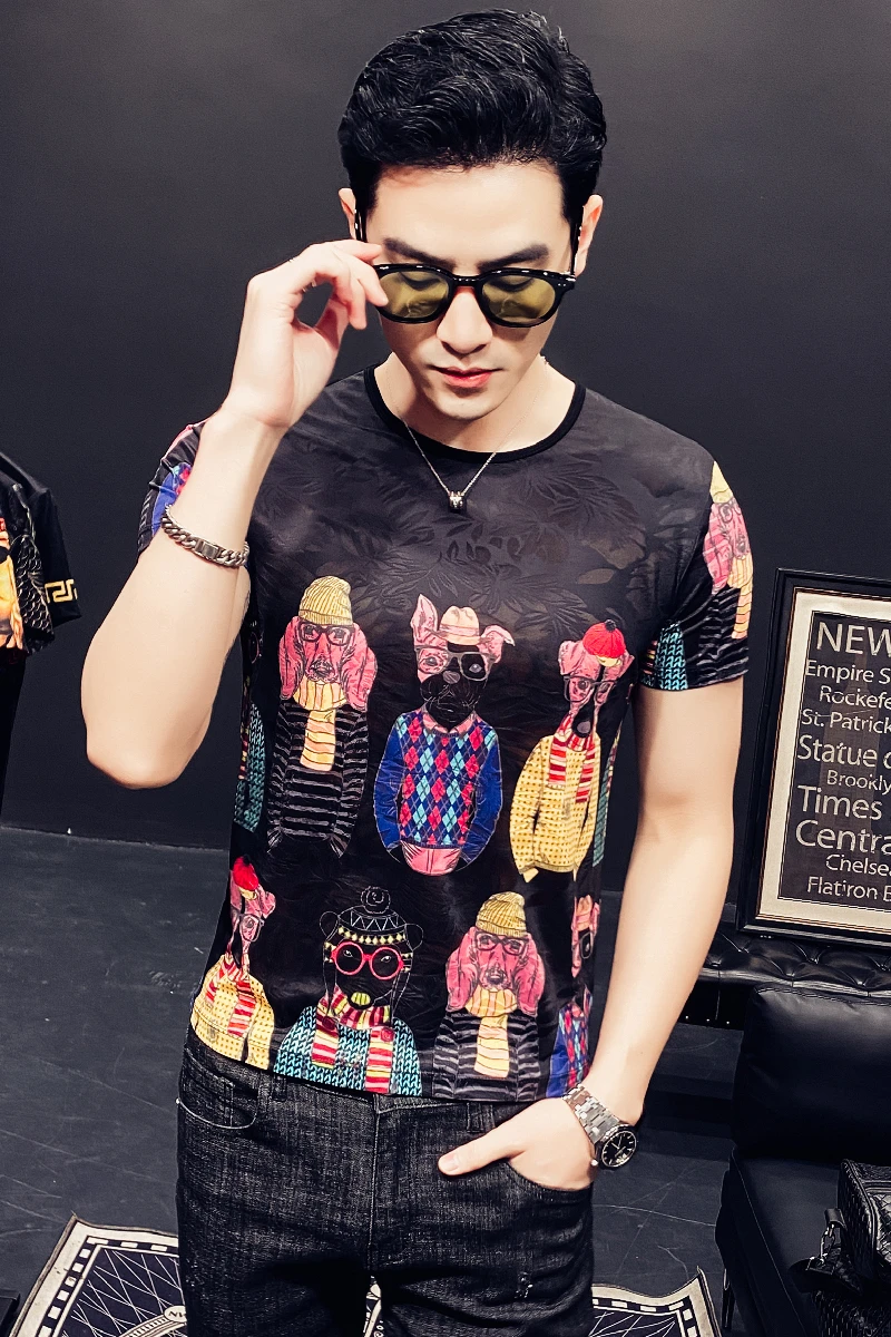 

Character Print T-shirt Men Short Sleeve Slim Fit Casual T-Shirt Summer O-neck Tops Ice Silk Breathable Tees Streetwear Clothes