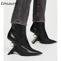 fretwork heel pearl decor ankle boots women black genuine leather sexy point toe side zip autumn winter runway booties
