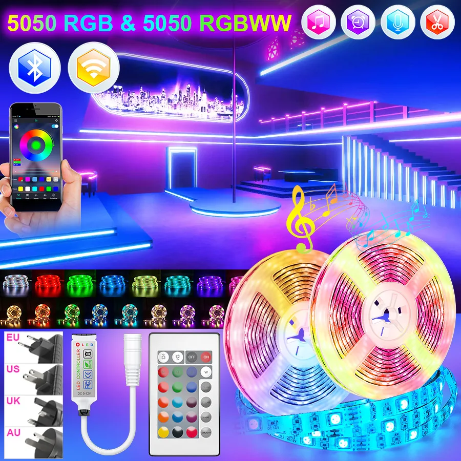 

Led Strips Lights Bluetooth 5050 RGB Warm White RGBWW Led lights Flexible Ribbon 5M-30M Tape Diode Phone Wifi Alexa Control Set