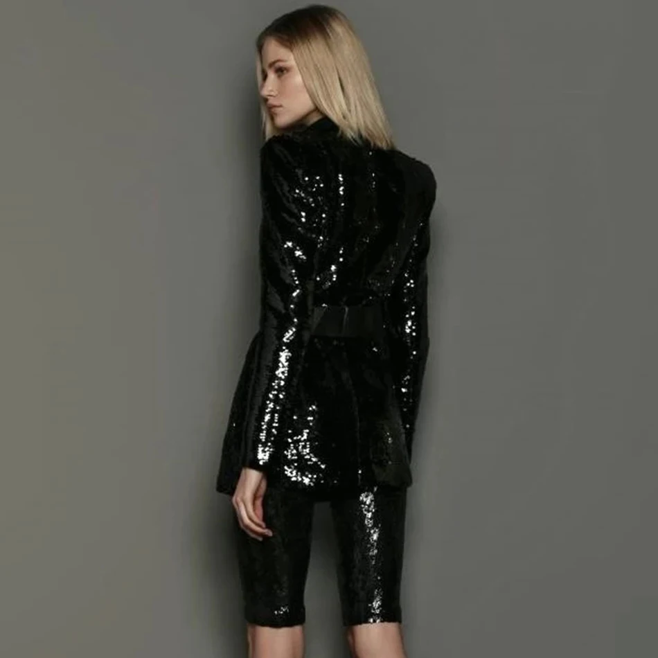 

2021 Spring Fashion Women'S Bodycon Set Sexy Long-Sleeved V-Neck Sequined Jacket And Five-Point Pants Black 2 Two-Piece Suit