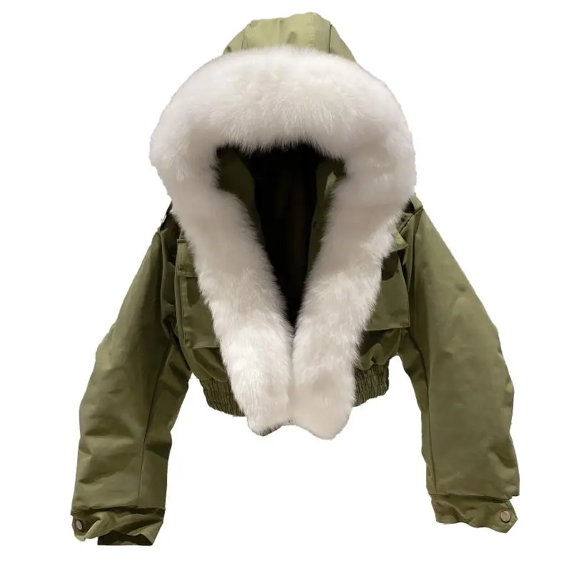 

2021 Winter Women New Fashion Big White Fox Fur Collar Rabbit Fur Inner Liner Hooded Streetwear Slim Thicked Cropped Jacket