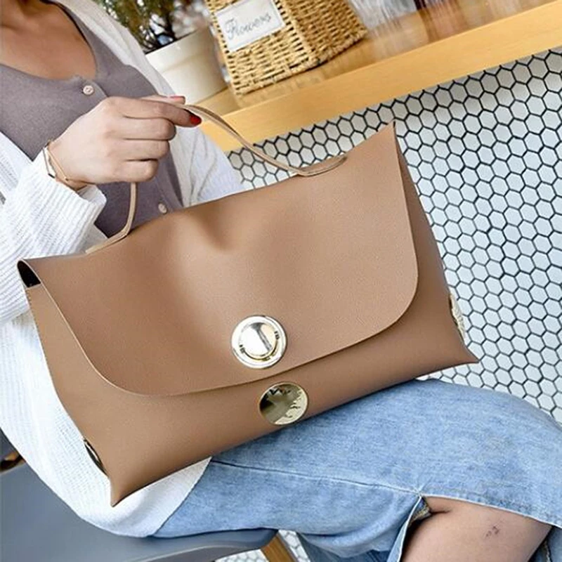 

Metal Round Buckle Decoration Leather Handbag For Women 2021 Fashion Simple Solid Color Large Capacity Shoulder Bag