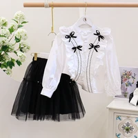 girls bow tie shirt and mesh skirt two piece suit toddler clothes kids boutique clothing wholesale kids clothes fashion clothes