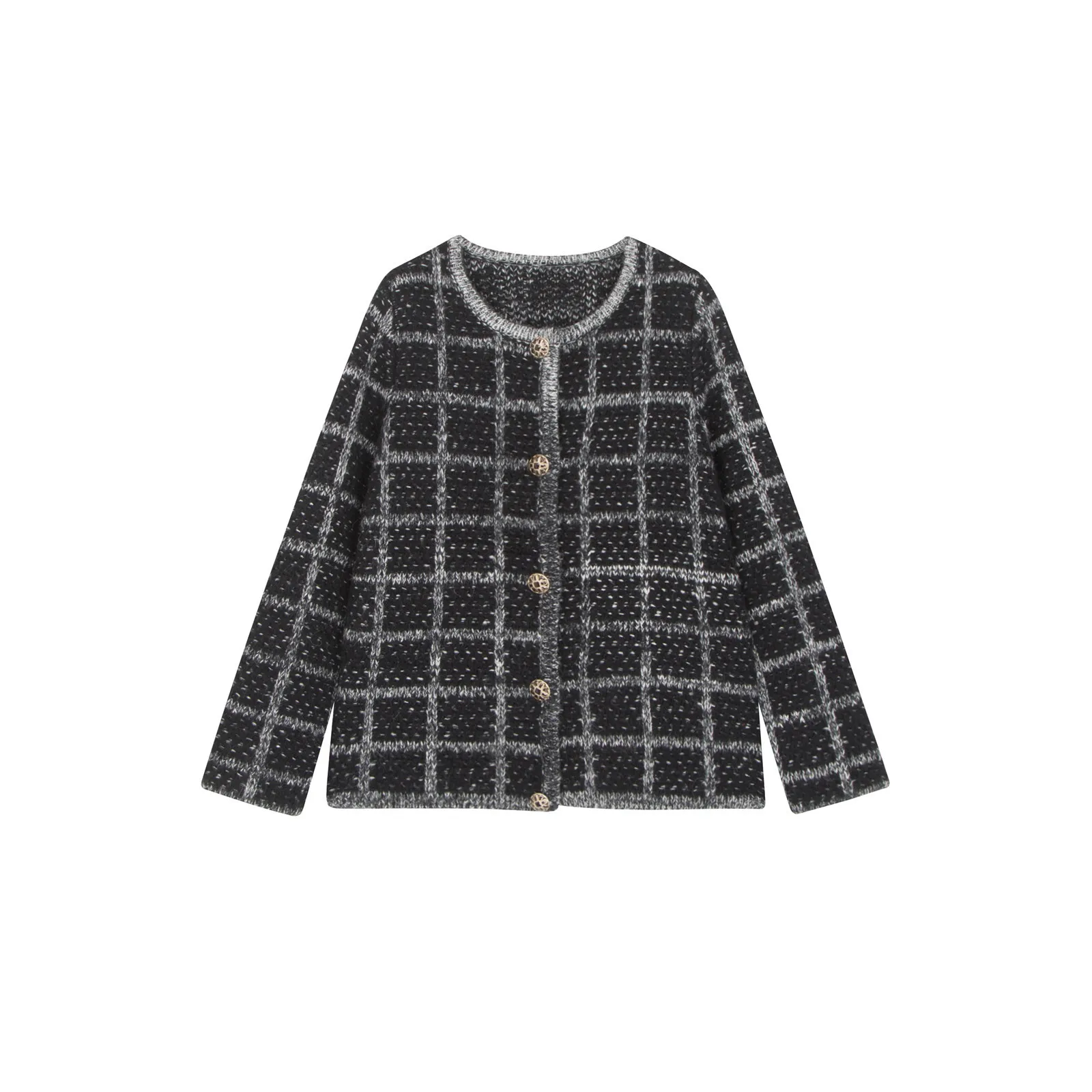 

2021 autumn and winter new plaid knitted cardigan Korean version loose casual wild cardigan foreign trade round neck women