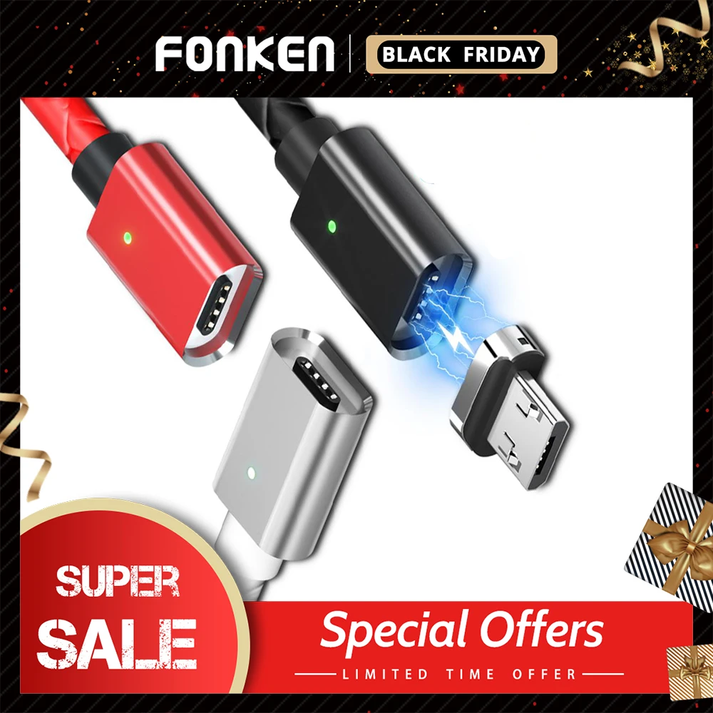 Магнитный кабель FONKEN для быстрой зарядки, магнитный Micro USB и type-C кабель для синхронизации данных, кабели для телефонов, быстрая зарядка, магнитный кабель для зарядки