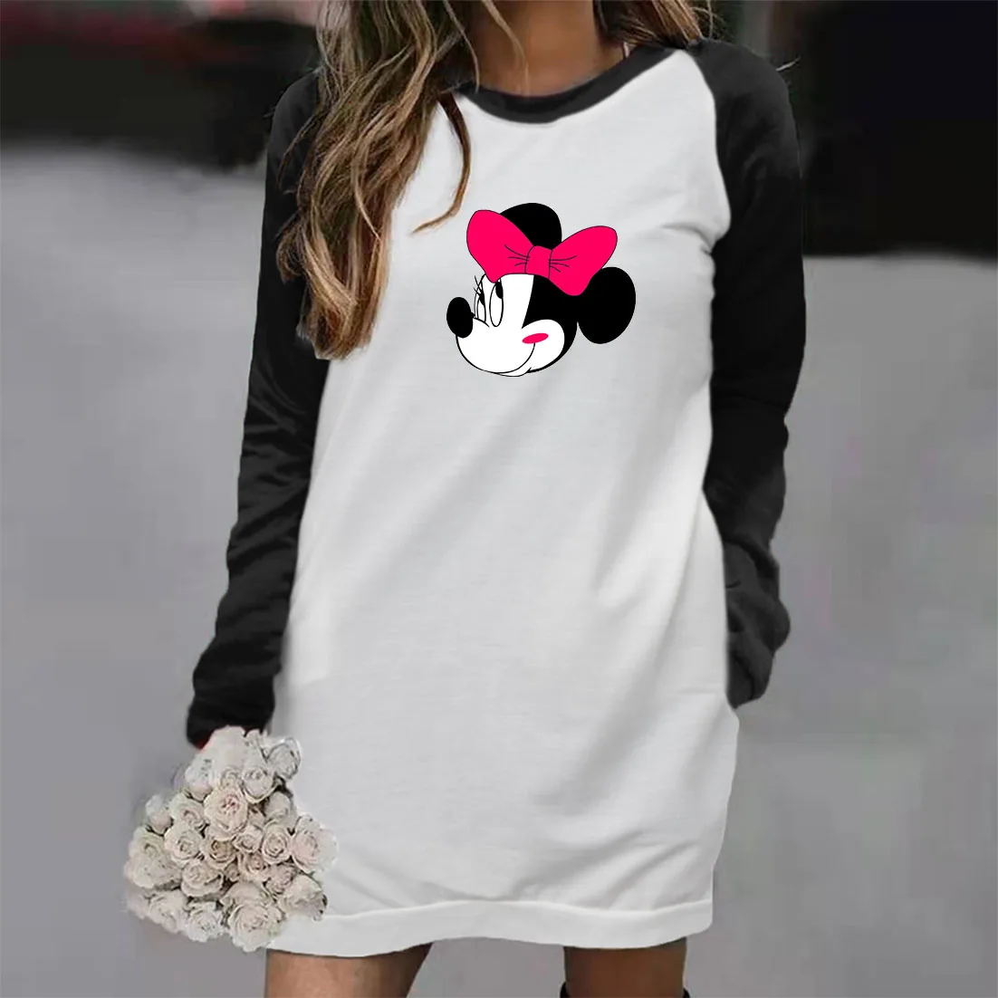 

Disney Printed Women Dress Long Sleeve Casual Kawaii Stitching Color Mini Dresses Round Neck Spring Autumn Girl Personality