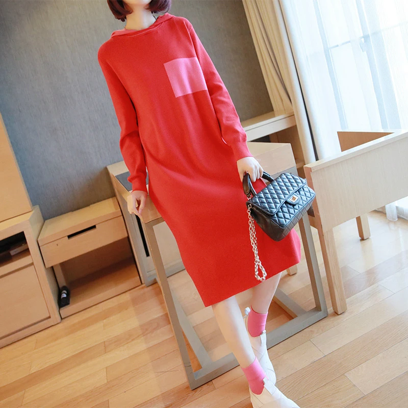 

Hooded Hoodies Knitted Dress Women 2019 Autumn Winter Sweatshirts Long Sleeve Hoodies Pockets Sweatshirt Sweater Pullovers Dress
