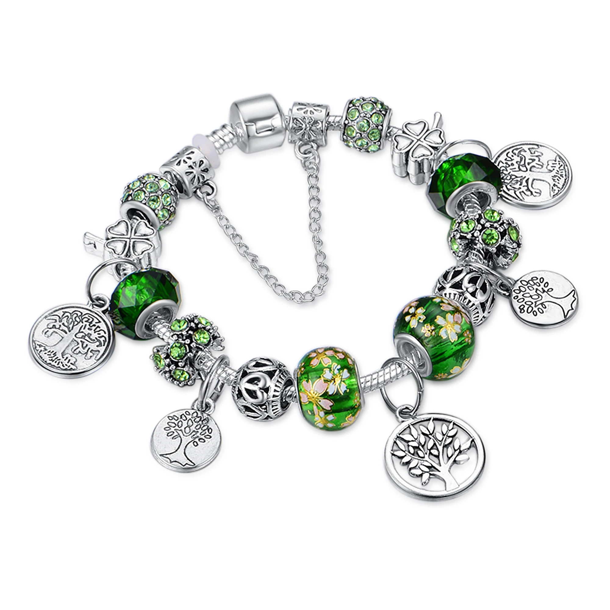 

Dropshipping Tibetan Silver Tree of Life Fashion Bead Bracelet Green Leaf Floral Crystal Charm Bracelet & Bangle Pulsera Jewelry