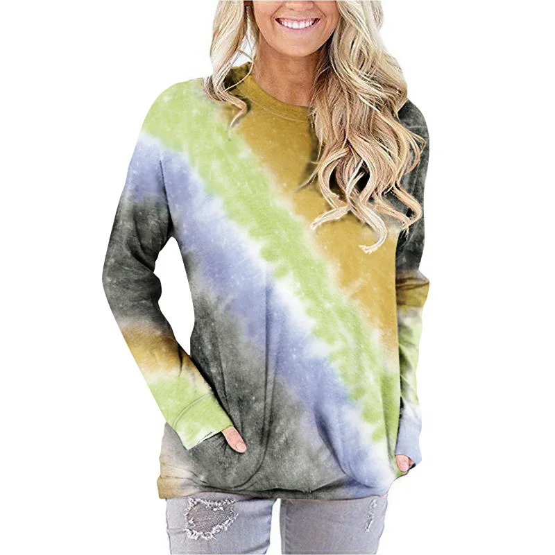 

New fashion casual ladies hot style tie-dye female T-shirt star tie-dye gradient round neck long sleeve pocket fleece