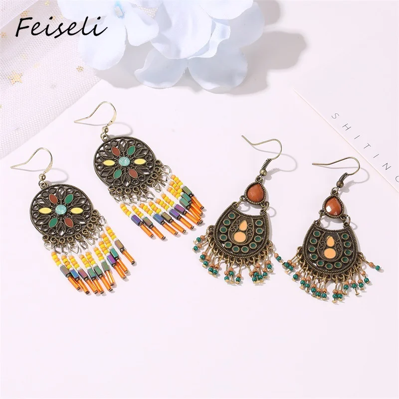 Feiseli цветные резные Многослойные женские серьги с кисточками в этническом стиле