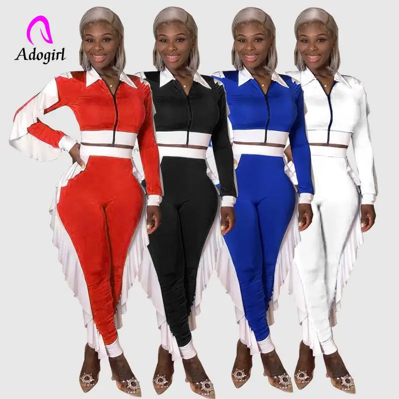 

Fitness Women 2 Piece Set Ruffles Long Sleeve Zipper Fly Crop Top + High Waist Pants Matching Set 2021 Autumn Workout Tracksuits