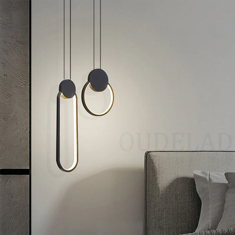 Nordic Minimalist Black ring Pendant Lamp with Long Wire Dimmable LED High Ceiling Hanging Light for Bedside Decor