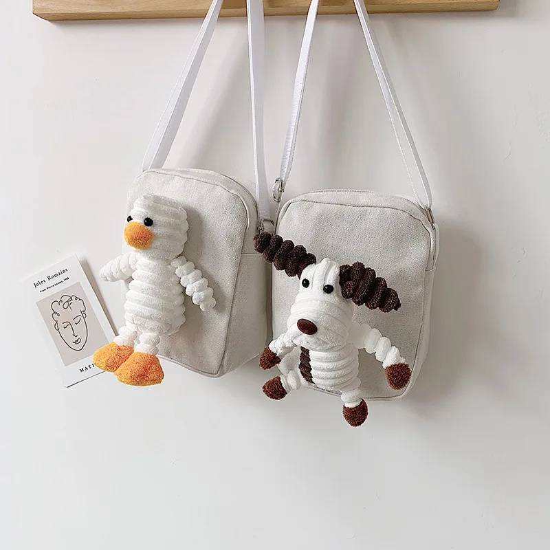 

Canvas small bag female 2019 new cute cartoon doll diagonal cross bag plush doll shoulder bag