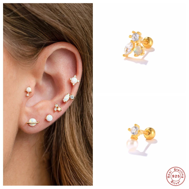 

ROMAD 925 Sterling Silver Colored Opal Stone White Zircon Stud Earrings For Women 18K Gold Plated Oval Crystal Pearl Ear Studs