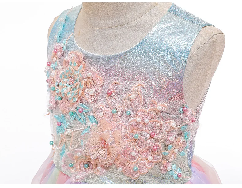 

New 2020 Kids Dresses For Girls Embroidery Flower Rrainbow Princess Summer Girl Dress Wedding Party Ball Gown Children Clothing