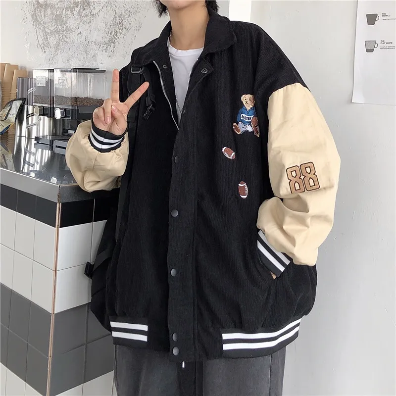 

Japanese Harajuku Varsity Jacket Women Embroidered Bear Print Corduroy Jacket College Style Chaquetas Oversize Couple Streetwear