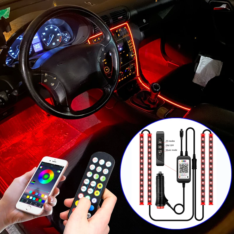 

4Pcs 12V LED 5050 RGB APP Car Decoration Interior Floor Foot Led Accessories Interior Atmosphere Ambient Flexible Strip Light