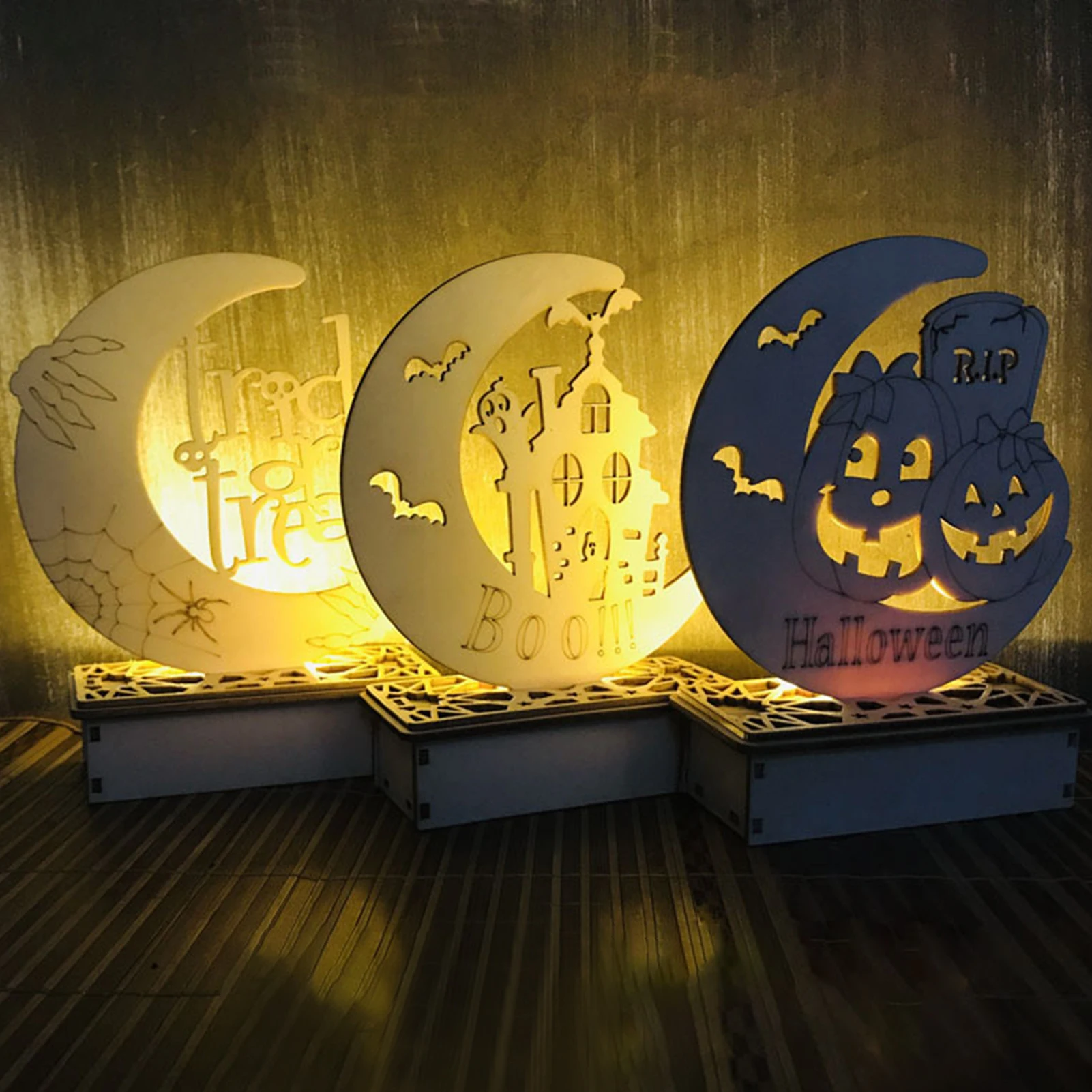 Halloween Wooden DIY Moon Candle Light Ornaments Party Atmosphere Decoration LED Pony Lantern Method | Дом и сад