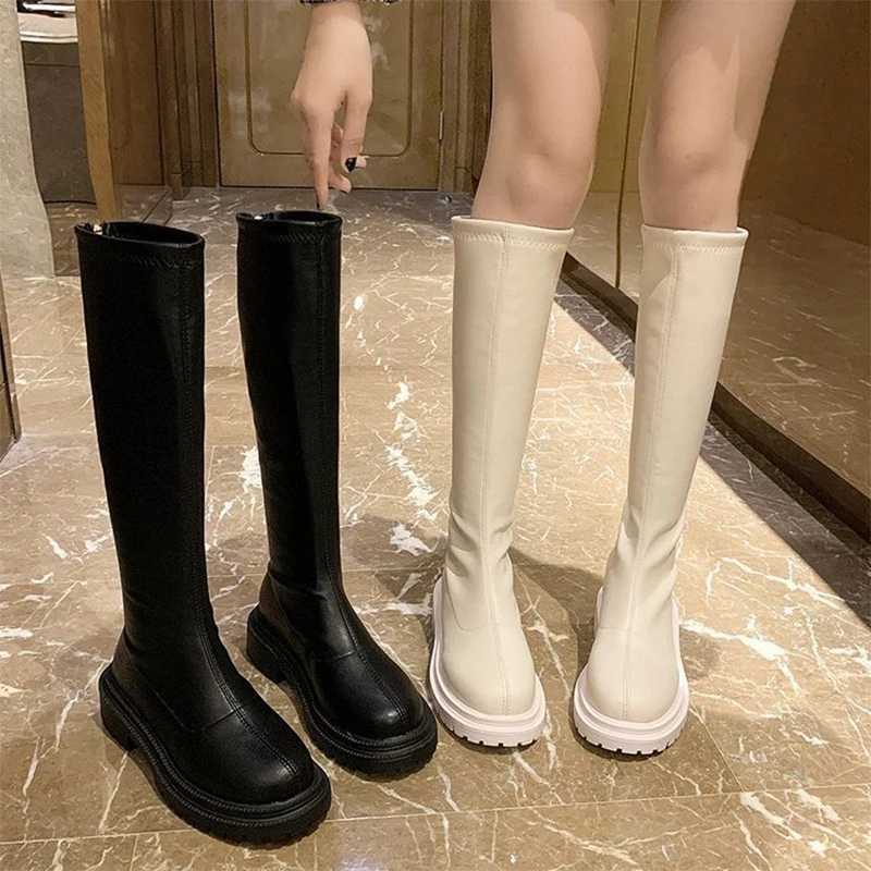 Women's Warm Plush High Boots, Women's Leather Snow Boots, Round-Toe Flat-Bottomed Casual Warm Boots, Autumn and Winter 3cm