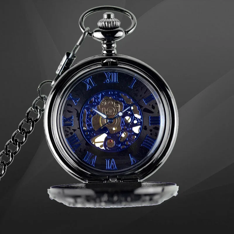 Black Steel Mechanical Pocket Watch Steampunk Vintage Gear Analog Skeleton Hand Winding Mechanical Pocket Watch