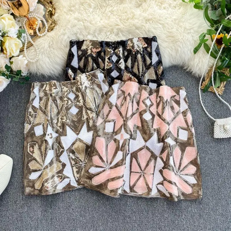 Женская мини-юбка в стиле ретро розовая черная юбка-трапеция украшенная бусинами