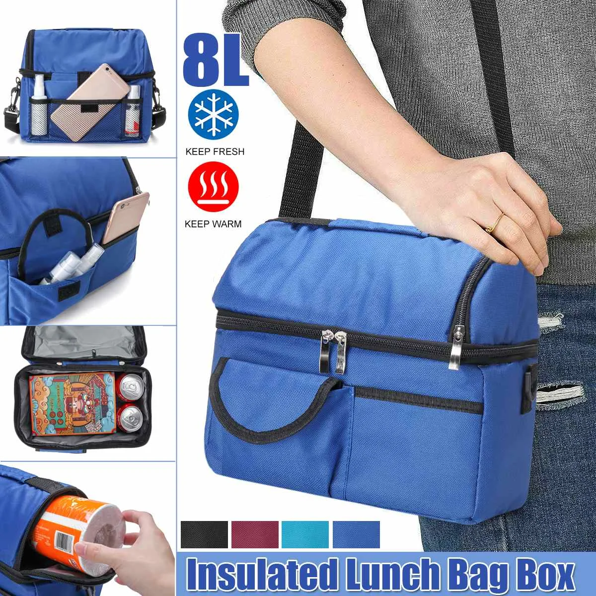 

Портативная сумка для ланча 8L, теплоизолированная сумка-холодильник, сумки для хранения пищи на плечо для ланч-боксов, сумка-тоут для путеше...