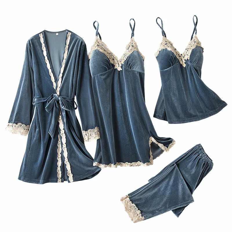 

Autumn Winter Velvet Pajamas Set 4PCS Sleepwear Casual Soft Bathrobe Sleep Set Sexy V-neck Lace Nightwear Long Sleeve Homewear