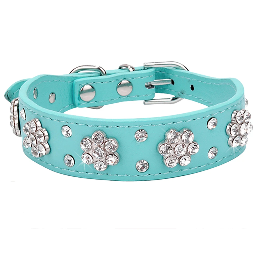 Sky Blue Ошейник из искусственной кожи со стразами для собак, модный ошейник для щенка, блестящий кристалл, шипованные ошейники для кошек, розовый, красный, для маленьких средних собак D40 - Цвет: Sky Blue