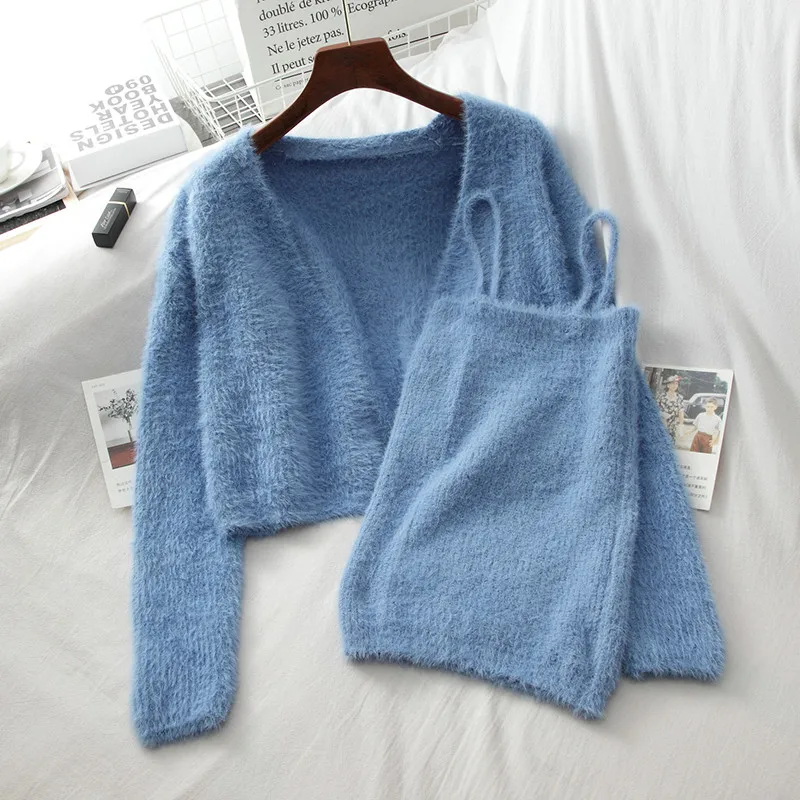 

Женский трикотажный костюм-двойка, Повседневный Кардиган с V-образным вырезом и майка без рукавов, весна-осень 2021