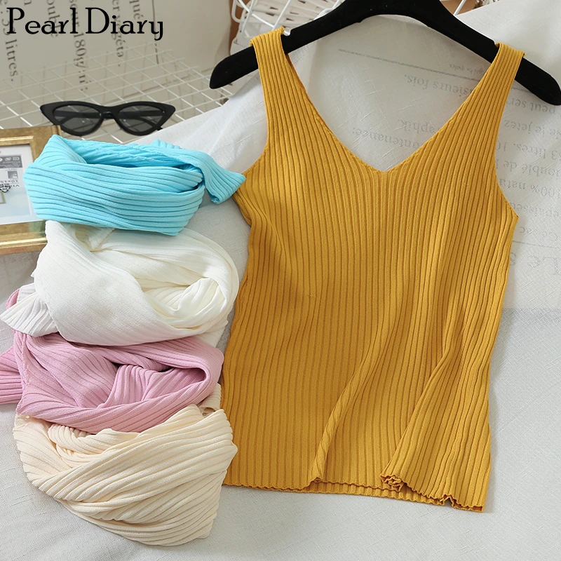 

Pearl Diary Women Knitted V Neck Vest Femme Slim Fit Plain Ribbed Vest Top Summer Skinny Simple Vest Tank Tops For Women 2020