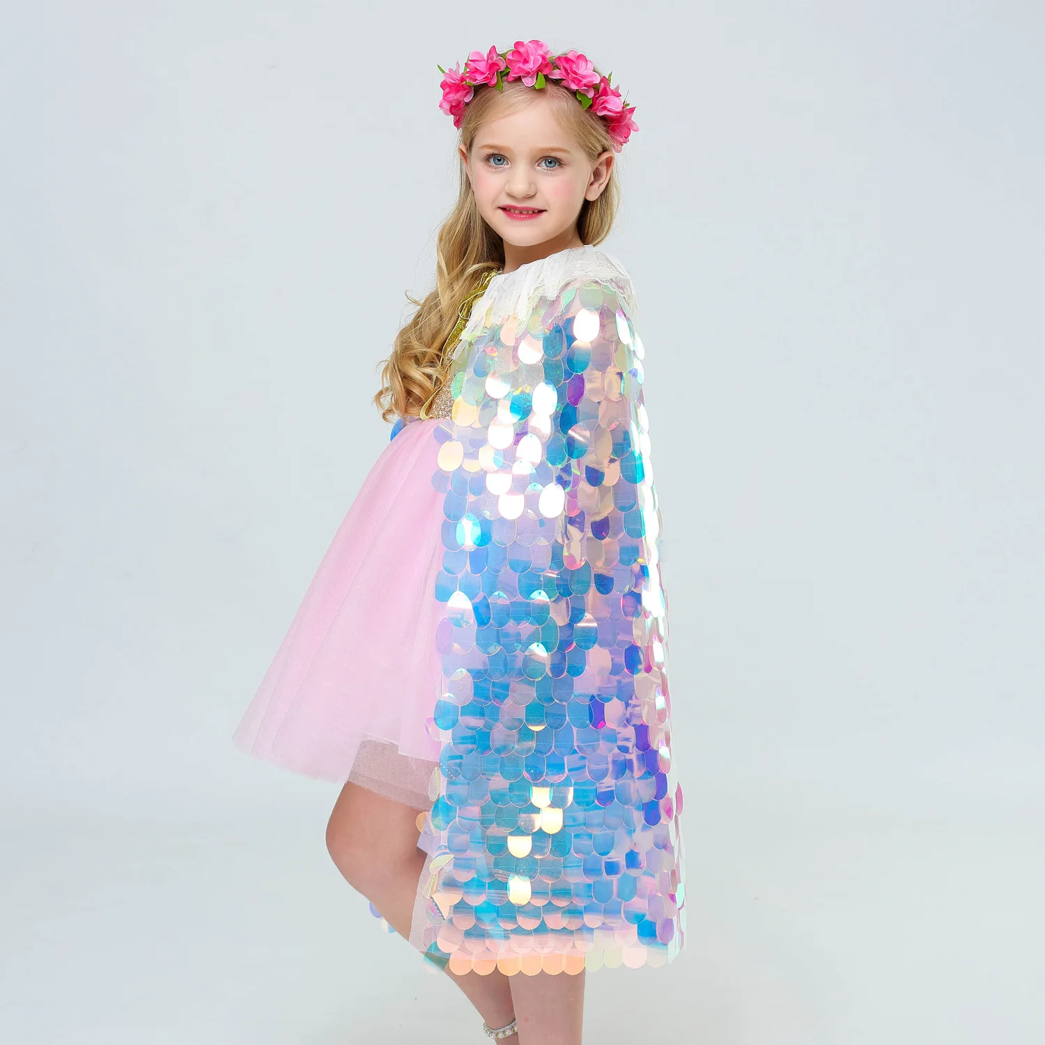 

Child Colorful Christmas Fancy Fairy Princess Ariel Halloween Little Mermaid Costume Kids Tulle Sequin Cape Girl Cloak