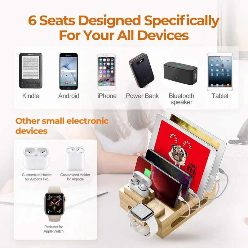 

ZL Charging Station For Multi-device Bamboo Charging Storage Box For USB Charger Station With 5 USB Cables For Iphone 11 12