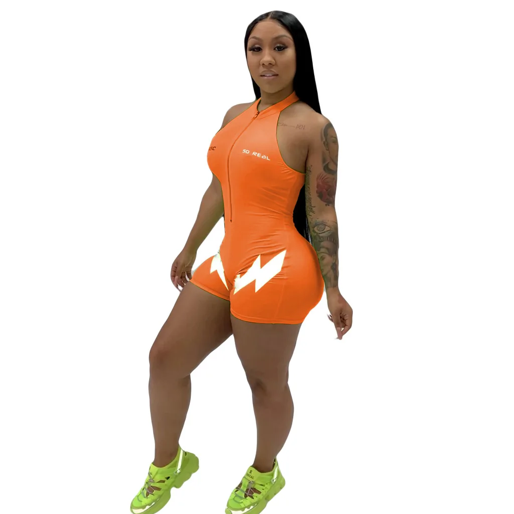 

Sexy Reflective Letter Short Jumpsuit Women Summer Sleeveless Front Zipper Playsuit Bodycon Rompers Overalls