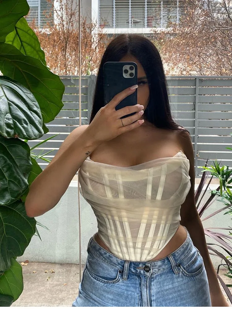 

2020 Summer Boned Mesh Corset Tank Top Women Strapless Boning Bustier Sexy Crop Top Off Shoulder Ruched Tee Tank Tops AG-90