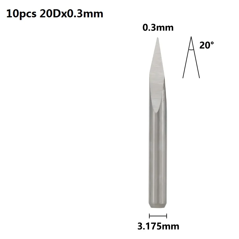 20Dx0.3mm 10 шт. 3,175 мм хвостовик 3 край гравирования печатных плат с алмазным напылением для 20 Вт, 30 Вт/40/45/60/90 градусов наконечник 0,1 0,2 0,3 мм пирамиды фрезерный станок с ЧПУ Бит 3D фрезерный станок - Длина режущей кромки: 20Dx0.3mm